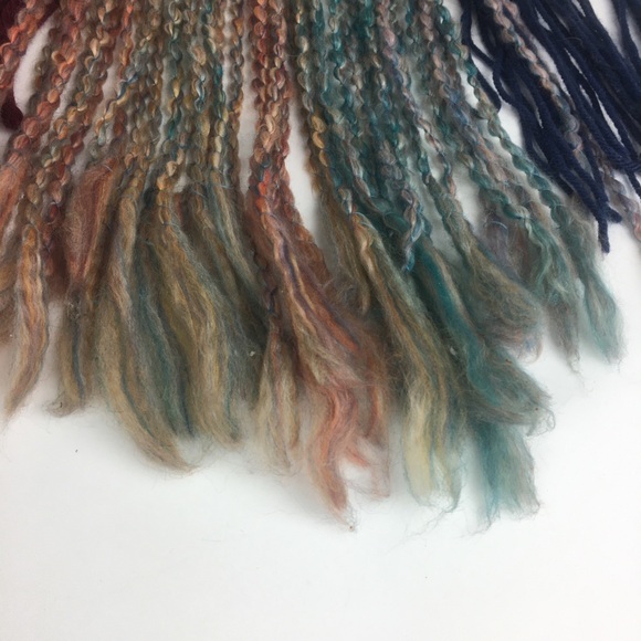 Boho Yarn Tapestry Bamboo Wall Hanging Blue Burgandy Rainbow Hand Crafted - Picture 5 of 9